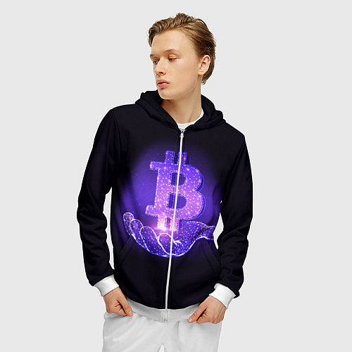 Мужская толстовка на молнии BITCOIN IN HAND БИТКОИН / 3D-Белый – фото 3