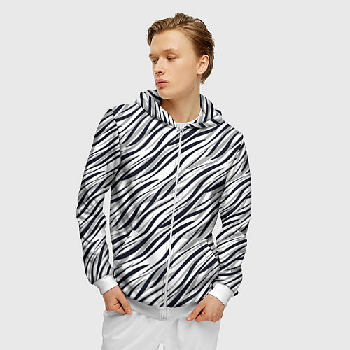 Мужская толстовка на молнии Черно-белый полосатый тигровый / 3D-Белый – фото 3