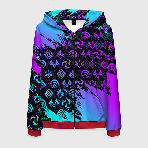 Мужская толстовка на молнии GENSHIN NEON PATTERN SYMBOL НЕОН ЭМБЛЕМЫ / 3D-Красный – фото 1