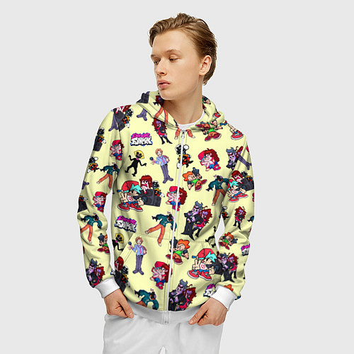 Мужская толстовка на молнии Friday Night Funkin - все герои / 3D-Белый – фото 3