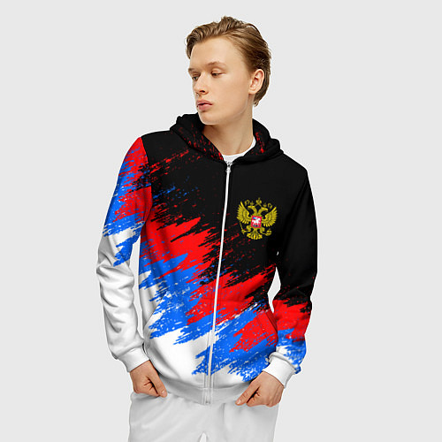 Мужская толстовка на молнии РОССИЯ, БРЫЗГИ КРАСОК, ТРИКОЛОР / 3D-Белый – фото 3