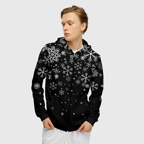 Мужская толстовка на молнии Снежинки - С Новый год / 3D-Черный – фото 3