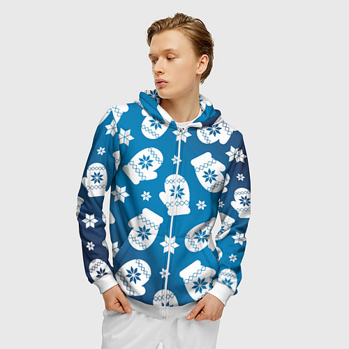 Мужская толстовка на молнии Новогодние варежки паттерн / 3D-Белый – фото 3