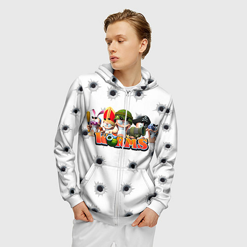 Мужская толстовка на молнии Wormsчервяки / 3D-Белый – фото 3