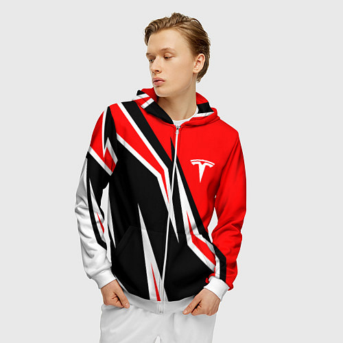 Мужская толстовка на молнии TESLA MOTORS RED LINE ТЕСЛА / 3D-Белый – фото 3