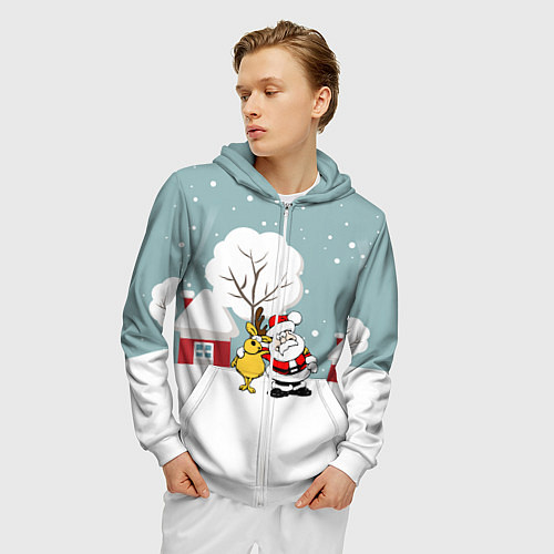 Мужская толстовка на молнии Деревенский Новый Год Дед Мороз и Олень / 3D-Белый – фото 3