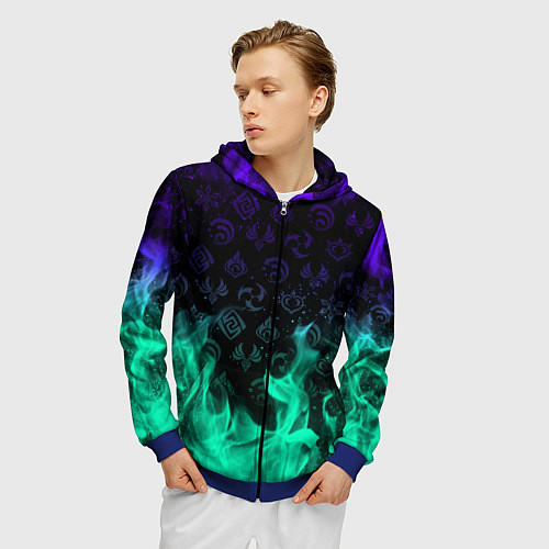 Мужская толстовка на молнии НЕОНОВЫЙ ОГОНЬ ГЕНШИН ИМПАКТ СИМВОЛЫ / 3D-Синий – фото 3