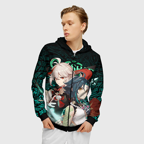 Мужская толстовка на молнии КАЗУХА И СЯО XIAO AND KAZUHA GENSHIN / 3D-Черный – фото 3