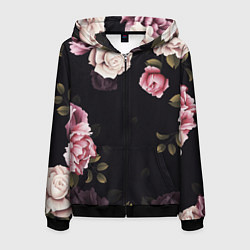 Толстовка 3D на молнии мужская РОЗЫ И ПИОНЫ, цвет: 3D-черный