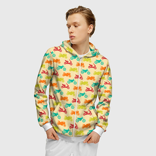 Мужская толстовка на молнии Разноцветные Мотоциклы / 3D-Белый – фото 3