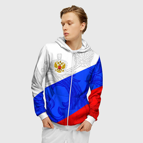 Мужская толстовка на молнии Российский герб: триколор / 3D-Белый – фото 3