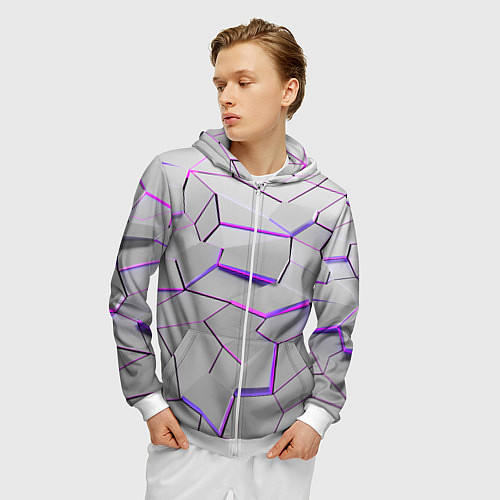 Мужская толстовка на молнии 3д плиты - белый неон / 3D-Белый – фото 3
