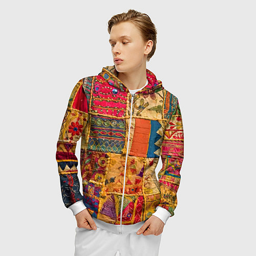 Мужская толстовка на молнии Пэчворк Лоскутное одеяло Patchwork Quilt / 3D-Белый – фото 3