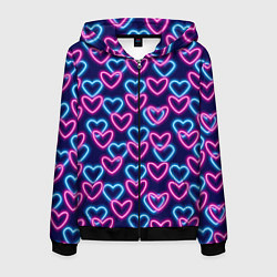 Толстовка 3D на молнии мужская Неоновые сердца, паттерн, цвет: 3D-черный