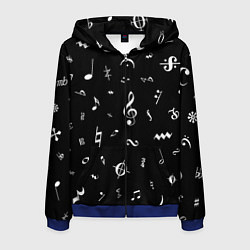 Толстовка 3D на молнии мужская Нотные Знаки Белые на Черном, цвет: 3D-синий