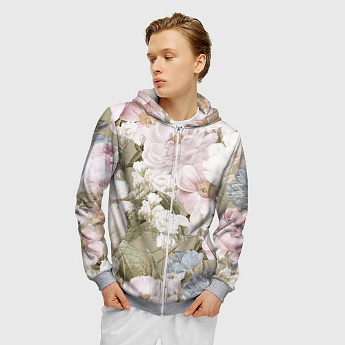 Мужская толстовка на молнии Цветы Английский Садовый Узор / 3D-Меланж – фото 3