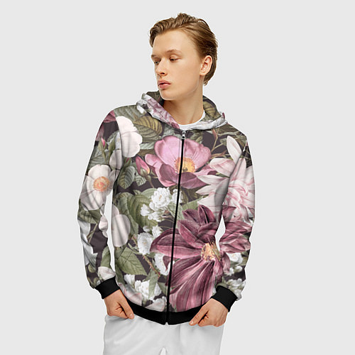 Мужская толстовка на молнии Цветы Красивый Цветочный Букет Георгин / 3D-Черный – фото 3