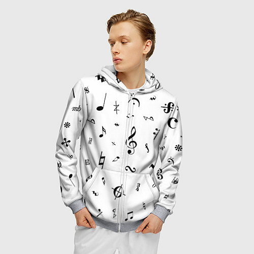 Мужская толстовка на молнии Нотные Знаки Черные на Белом / 3D-Меланж – фото 3