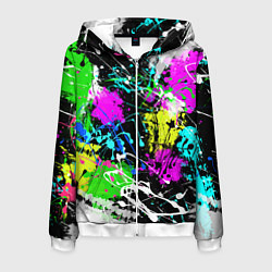 Толстовка 3D на молнии мужская Разноцветные пятна краски на черном фоне, цвет: 3D-белый