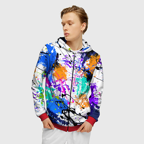 Мужская толстовка на молнии Брызги и мазки разноцветных красок на белом фоне / 3D-Красный – фото 3