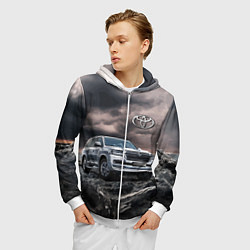 Толстовка 3D на молнии мужская Toyota Land Cruiser 200 среди скал, цвет: 3D-белый — фото 2