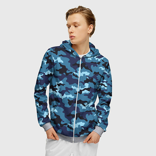 Мужская толстовка на молнии Камуфляж Тёмно-Синий Camouflage Dark-Blue / 3D-Меланж – фото 3