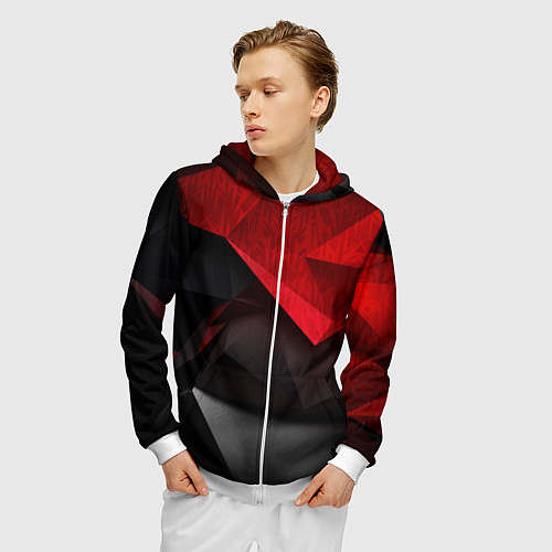 Мужская толстовка на молнии Красно-черный фон абстракция / 3D-Белый – фото 3
