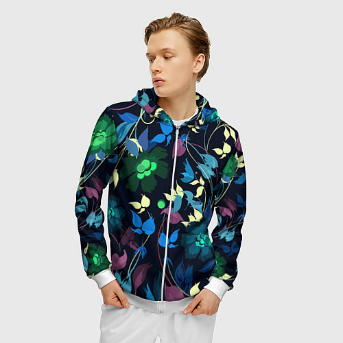 Мужская толстовка на молнии Color summer night Floral pattern / 3D-Белый – фото 3