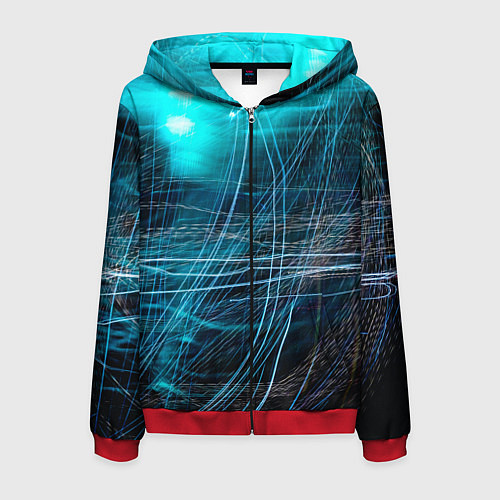Мужская толстовка на молнии Неоновые волны и линии - Голубой / 3D-Красный – фото 1