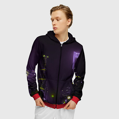 Мужская толстовка на молнии Неоновые высотки в городе - Фиолетовый / 3D-Красный – фото 3