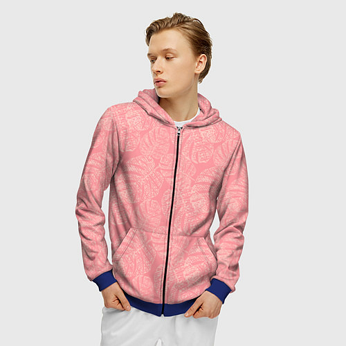 Мужская толстовка на молнии Бежевые листья монстеры на розовом / 3D-Синий – фото 3