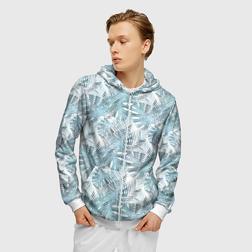 Мужская толстовка на молнии Голубые листья пальмы на белом / 3D-Белый – фото 3