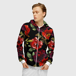 Толстовка 3D на молнии мужская Цветы Нарисованные Розы На Чёрном Фоне, цвет: 3D-белый — фото 2