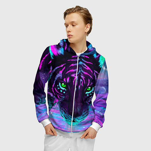 Мужская толстовка на молнии Светящийся неоновый тигр / 3D-Белый – фото 3