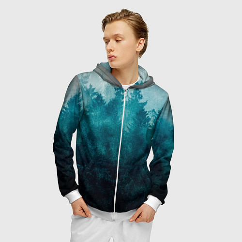 Мужская толстовка на молнии Темный хвойный лес / 3D-Белый – фото 3