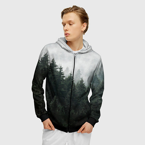Мужская толстовка на молнии Туманный хвойный лес / 3D-Черный – фото 3