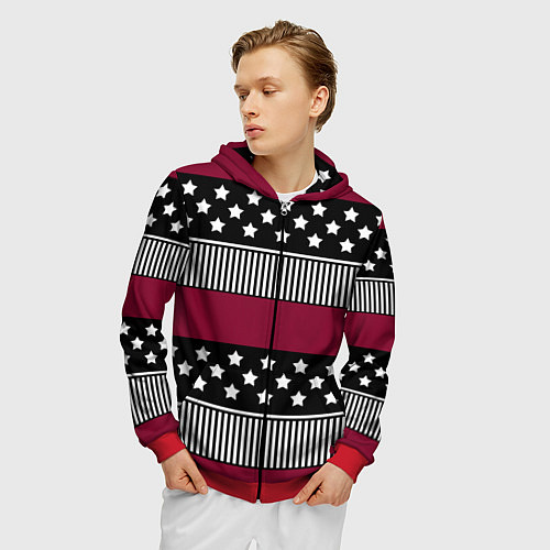 Мужская толстовка на молнии Burgundy black striped pattern / 3D-Красный – фото 3