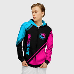 Толстовка 3D на молнии мужская Brighton - neon gradient: символ и надпись вертика, цвет: 3D-черный — фото 2