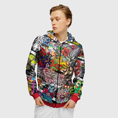 Мужская толстовка на молнии Цветное граффити и татуировки / 3D-Красный – фото 3