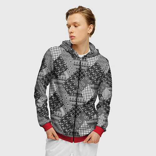 Мужская толстовка на молнии Black and White Ethnic Patchwork Pattern / 3D-Красный – фото 3