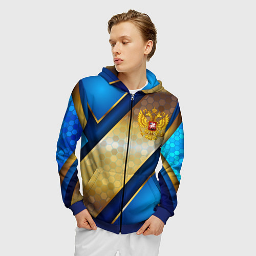 Мужская толстовка на молнии Золотой герб России на синем объемном фоне / 3D-Синий – фото 3