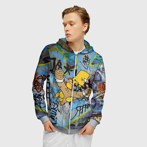Мужская толстовка на молнии Целящийся из рогатки Барт Симпсон на фоне граффити / 3D-Меланж – фото 3