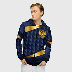 Толстовка 3D на молнии мужская Золотой герб России на объемном синим фоне, цвет: 3D-черный — фото 2