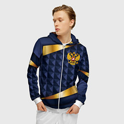 Толстовка 3D на молнии мужская Золотой герб России на объемном синим фоне, цвет: 3D-белый — фото 2