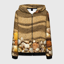 Толстовка 3D на молнии мужская Ракушки на песчаном берегу, цвет: 3D-черный