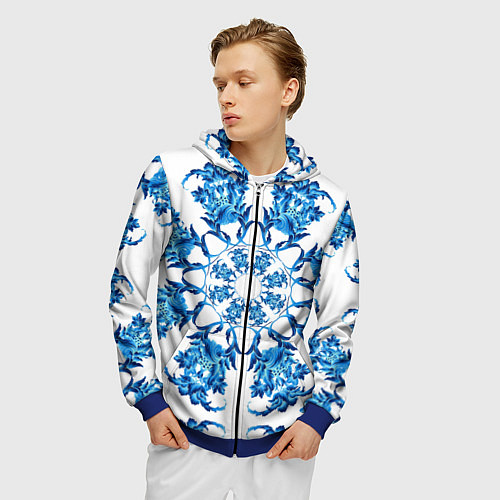 Мужская толстовка на молнии Гжель синий цветок / 3D-Синий – фото 3