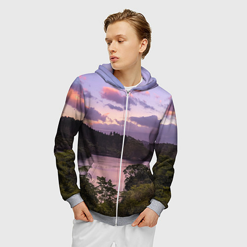 Мужская толстовка на молнии Пейзаж вечерней реки и леса / 3D-Меланж – фото 3