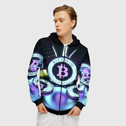 Мужская толстовка на молнии Неоновый светящийся биткоин / 3D-Черный – фото 3