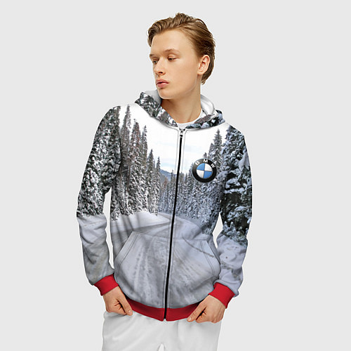 Мужская толстовка на молнии BMW - зимняя дорога через лес / 3D-Красный – фото 3