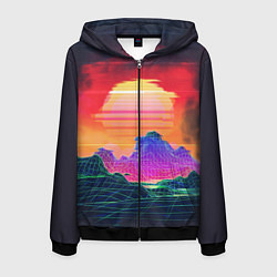 Толстовка 3D на молнии мужская Синтвейв неоновые горы на закате, цвет: 3D-черный